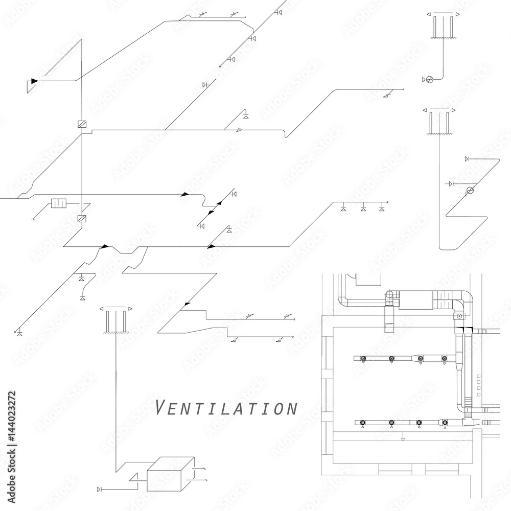 Axonometric view of the ventilation system. Vector design for HVAC. The ducts on the plan.