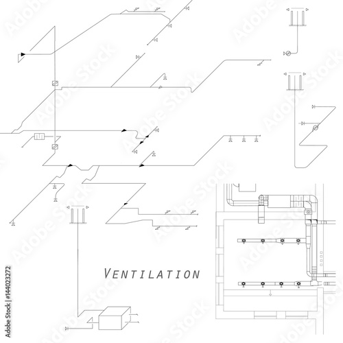 Axonometric view of the ventilation system. Vector design for HVAC. The ducts on the plan.