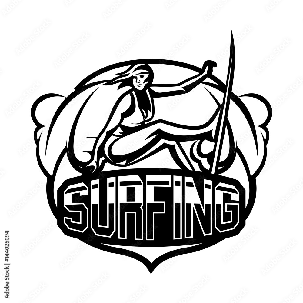 Monochrome logo, emblem, girl surfer. Surfing on the waves, the beach, weekend, extreme sport. Vector illustration. Monochrome logo, emblem, girl surfer. Surfing on the waves, the beach, weekend, extreme sport. Vector illustration.