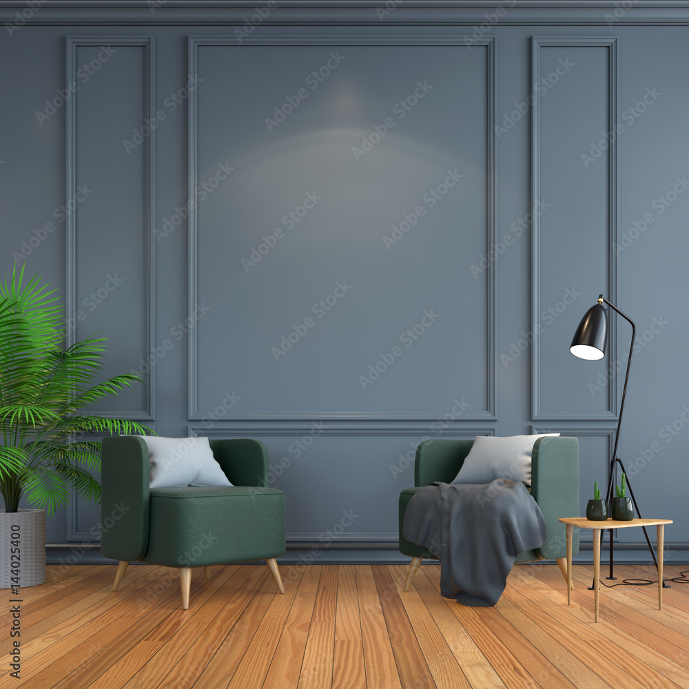 vintage interior room , Contemporary furniture,luxury decor,green chair  black lamp on wood flooring and dark gray frame wall /3d render ilustración  de Stock | Adobe Stock