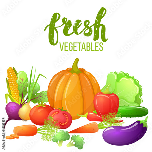 Fototapeta Naklejka Na Ścianę i Meble -  Set of colorful cartoon vegetables with pumpkin, corn, tomato, pepper, eggplant, beetroot. Fresh vegetarian natural food. Vector.