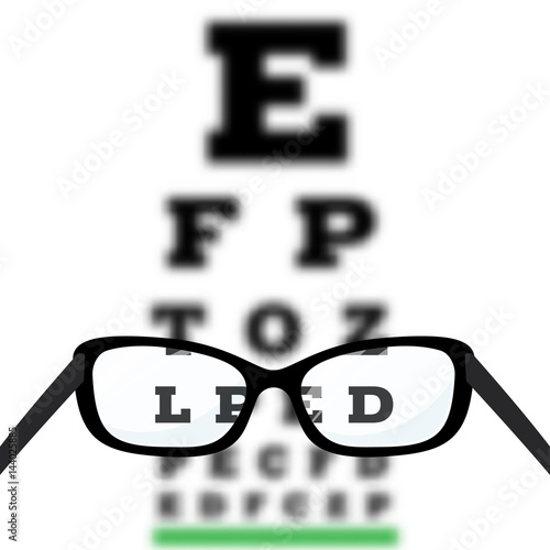 Eye vision test, poor eyesight myopia diagnostic on Snellen eye test chart. Vision correction with glasses. Vector.