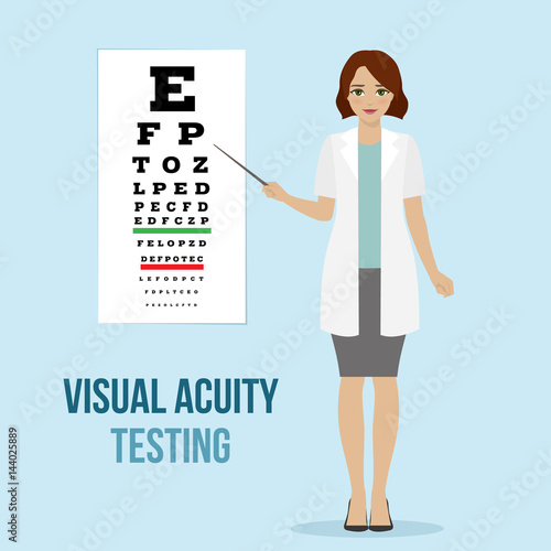 Eye vision test at an ophthalmologist, eyesight acuity diagnostic for medical board. Vector.