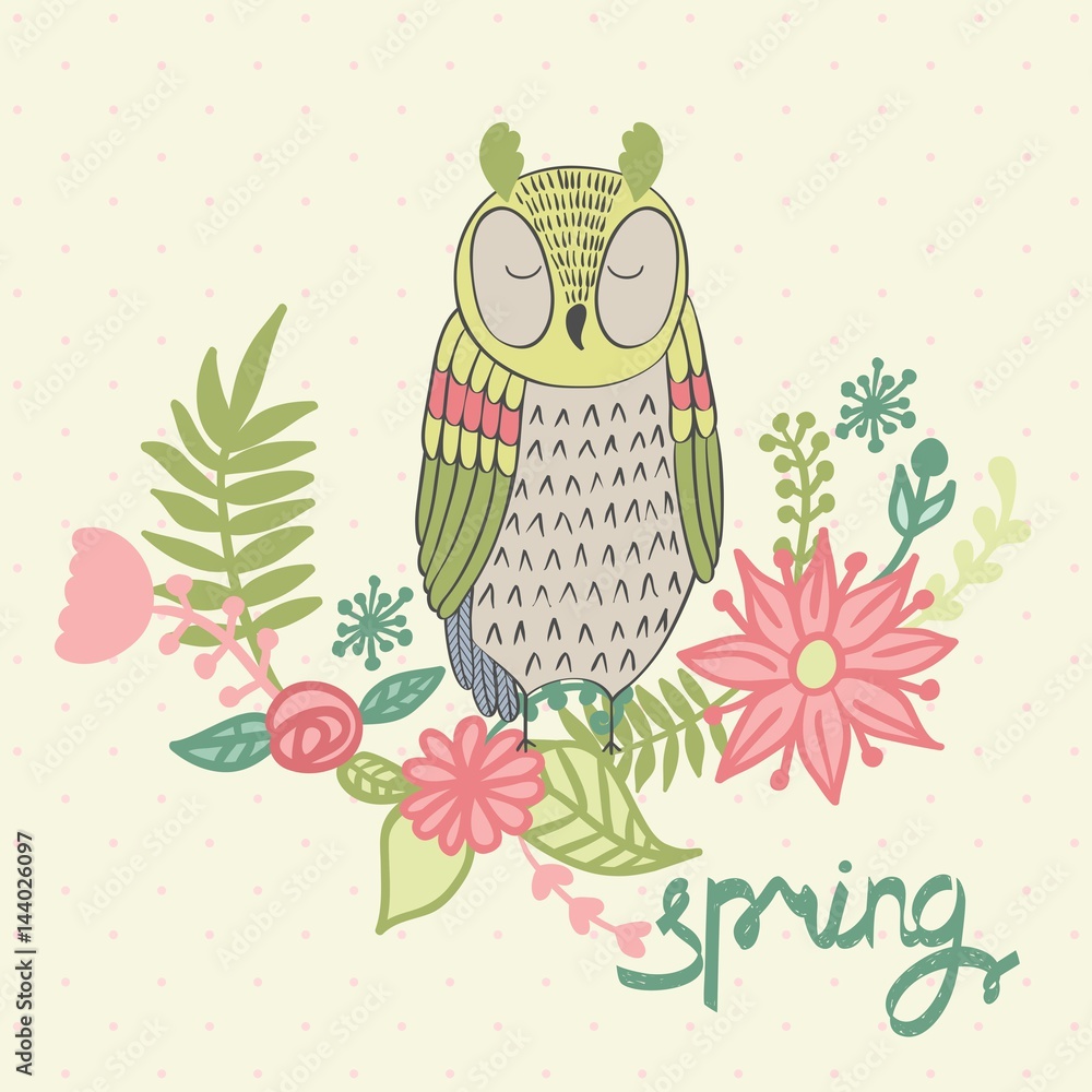 Naklejka premium Spring. Greeting card with funny owl in vector.