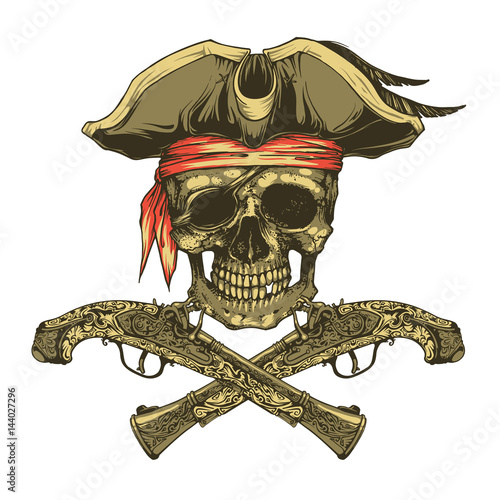 Pirate skull and vintage pistols. Jolly Roger logo template and t-shirt design. Vector illustration