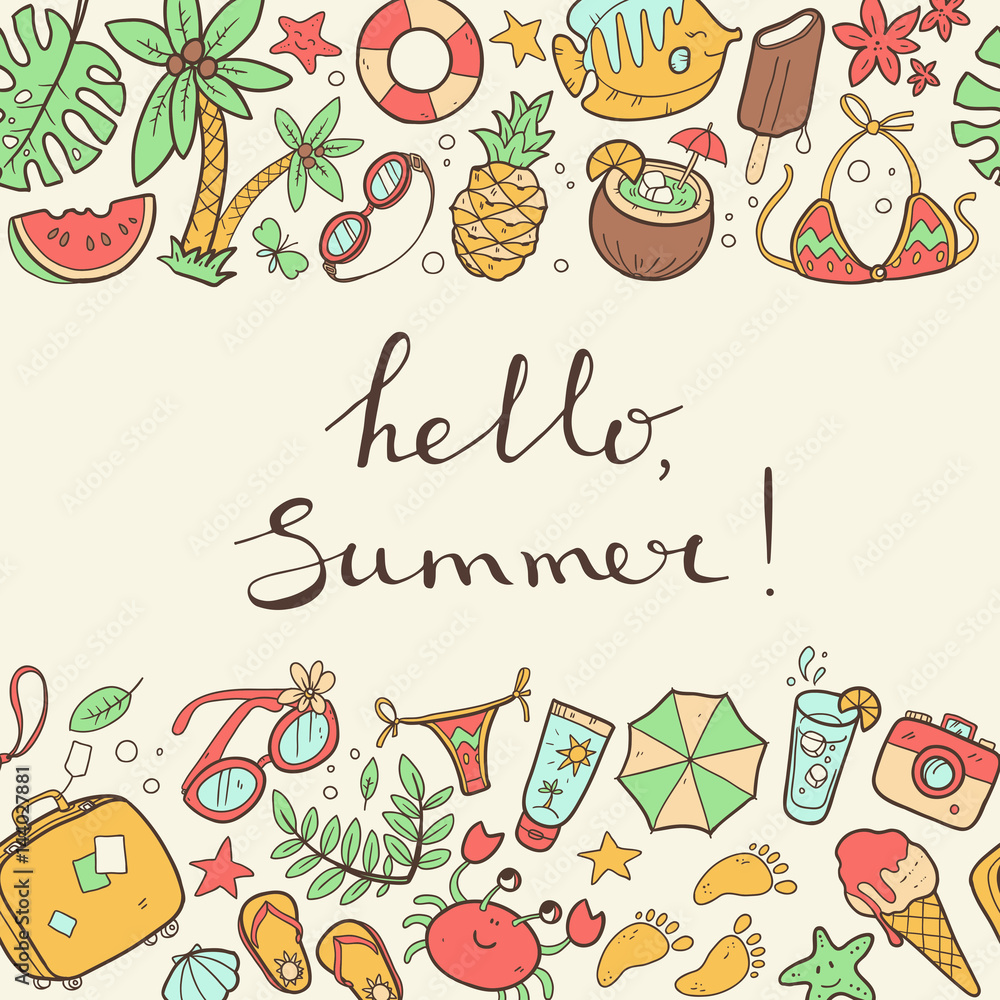 Vector cute doodle horizontal bacground Hello summer. The sea, t Vector cute doodle horizontal bacground Hello summer. The sea, t