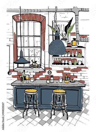 Modern cafe interior in loft style. Hand drawn colorful illustration.