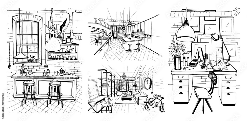 Modern rooms interiors in loft style. Set of hand drawn sketch illustration.