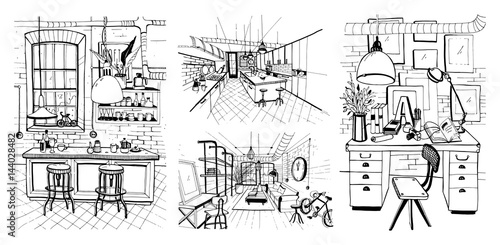 Modern rooms interiors in loft style. Set of hand drawn sketch illustration.