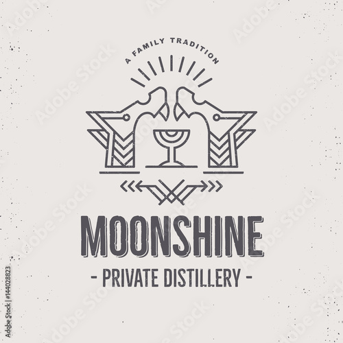 Vintage alcohol drink label design with ethnic elements in thin line style.