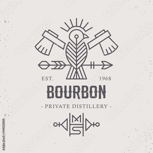Vintage alcohol drink label design with ethnic elements in thin line style.