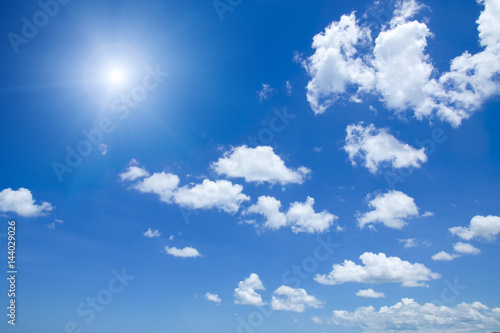 Blue sky with white cloud and sun.