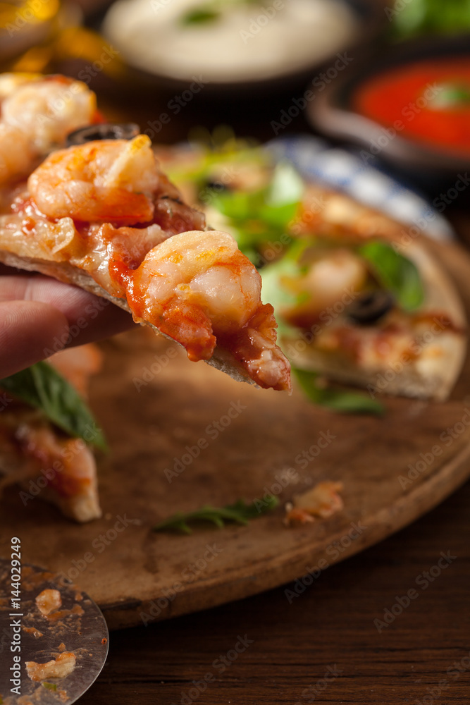 Pizza with shrimps.