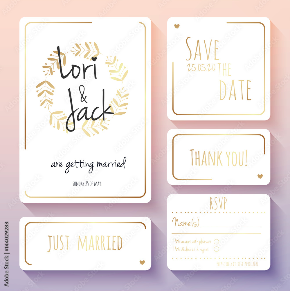Wedding invitation card set. Thank you, save the date, RSVP, just married. Wedding invitation card set. Thank you, save the date, RSVP, just married.