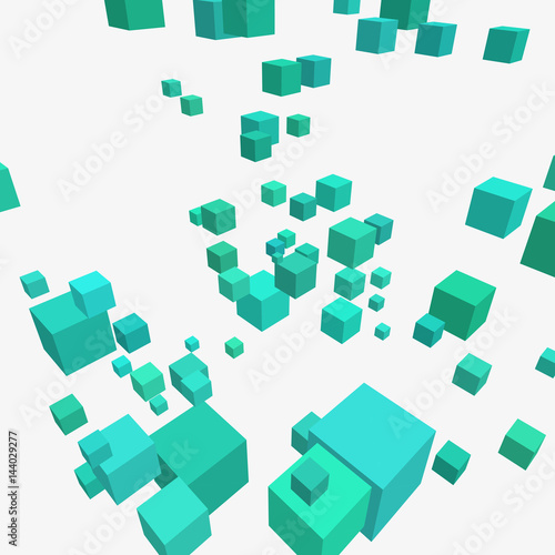Modern vector illustration with chaotic array of colorful cubes. Soaring rectangular 3d shapes on a bright background. Random geometric composition with square blocks. Element of contemporary design.