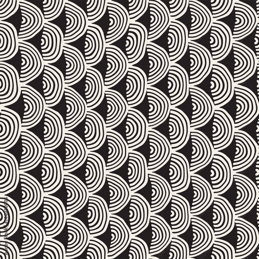 Monochrome minimalistic seamless pattern with arcs. Simple hand drawn texture. Vector background with rounded inky lines Monochrome minimalistic seamless pattern with arcs. Simple hand drawn texture. Vector background with rounded inky lines