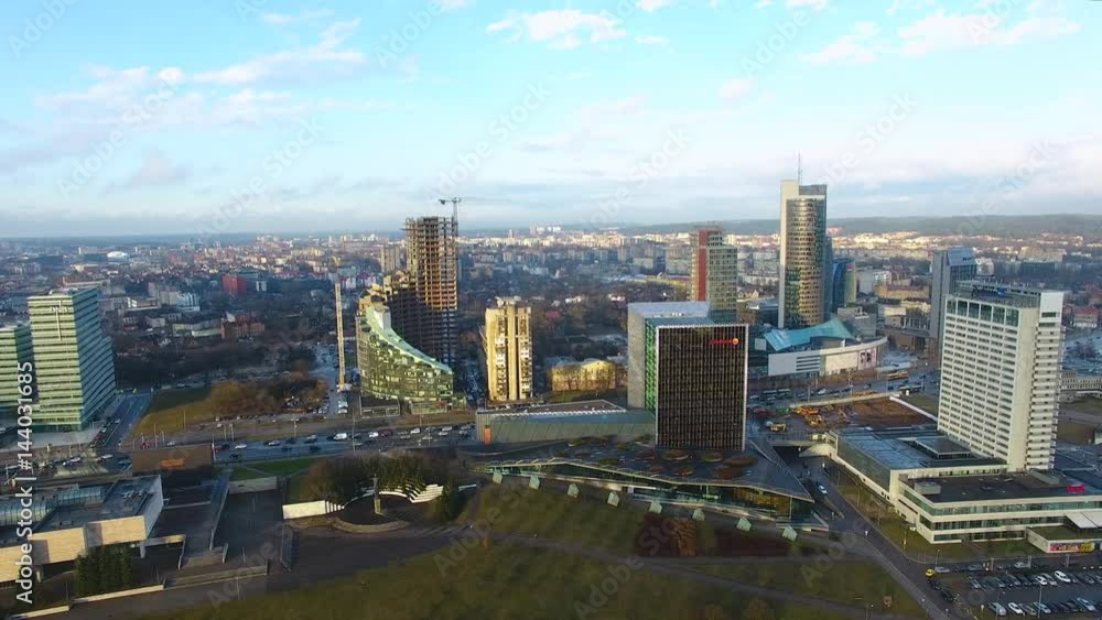 Aerial view of the skyscrapers in downtown of Vilnius at evening time Aerial view of the skyscrapers in downtown of Vilnius at evening time