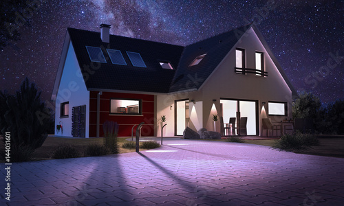 Billede på lærred Maison contemporaine moderne illuminée la nuit