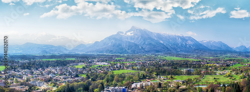 Province of Salzburg, Austria. Panoramic view over the Salzburg land from the Hohensalzburg castel. In the background, the Untersberg alpine mountain