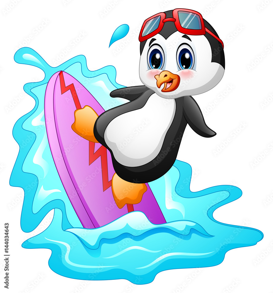 Fototapeta premium Cartoon penguin surfing on water