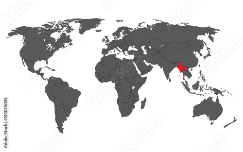 Myanmar red on gray world map vector