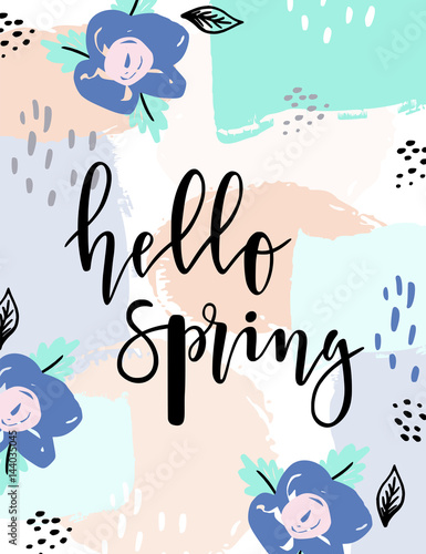 Vector trendy hand lettering poster ''hello spring''. Hand drawn calligraphy