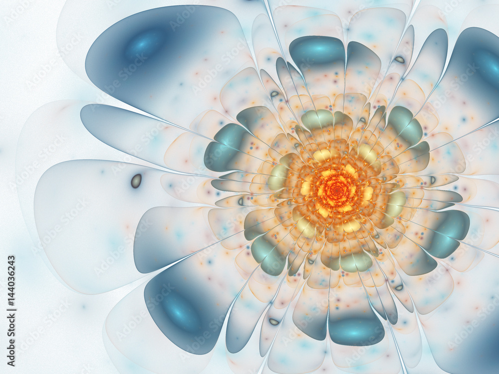 Naklejka premium Light blue and gold fractal flower, digital artwork for creative graphic design