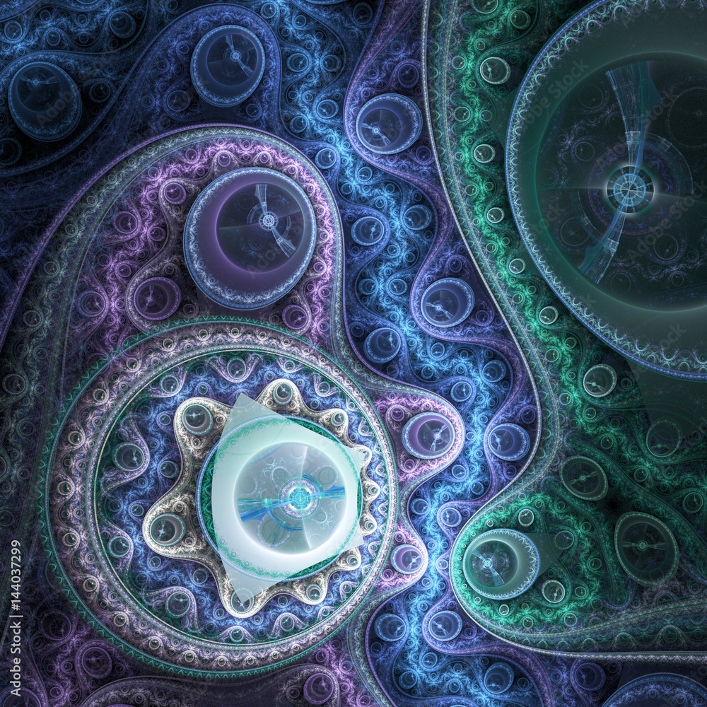 Green and blue fractal machine, digital artwork for creative graphic design