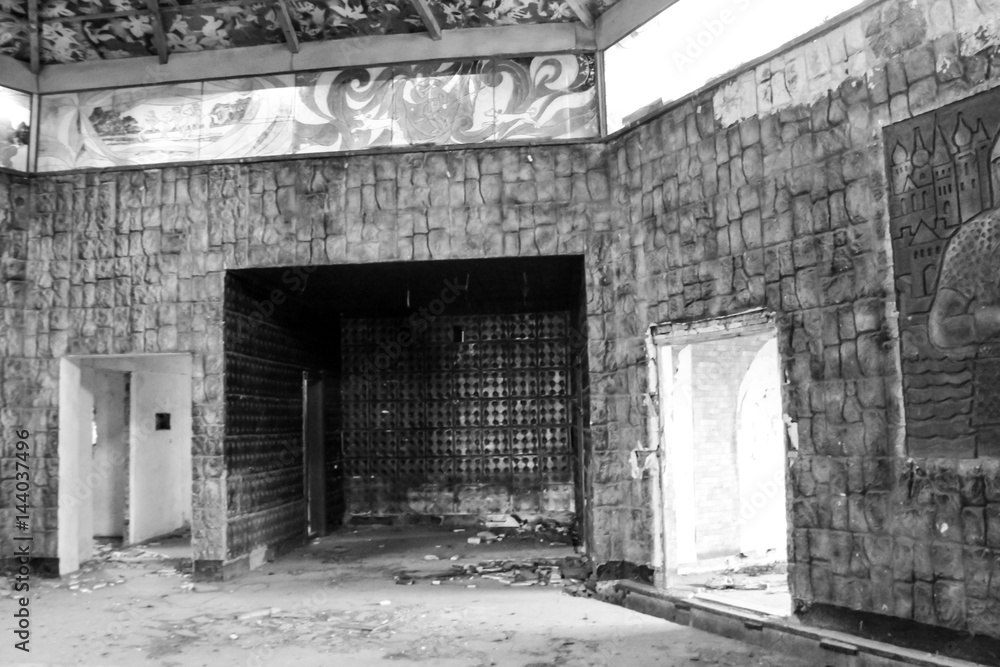 Interior of abandoned restaurant. Black and white tone Interior of abandoned restaurant. Black and white tone