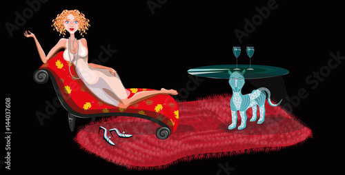 vector illustration with a beautiful blond fashion woman on the red armchair near the original coffee table 