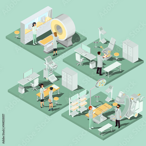 Set of 3D flat isometric illustrations interior of medical premises in the clinic MRI room, ultrasound room, gynecological office, operating room with the appropriate equipment and medical personnel