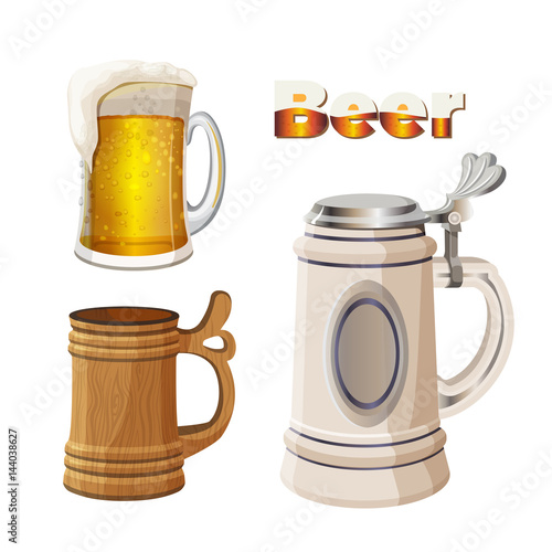 Glass beer cup with foam, ancient bavarian and wooden mug