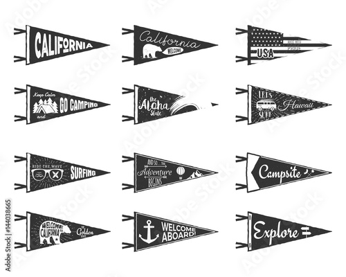 Hand drawn adventure pennants and flags set. Vintage rustic style labels isolated on white. Monochrome grunge and ripped badges.