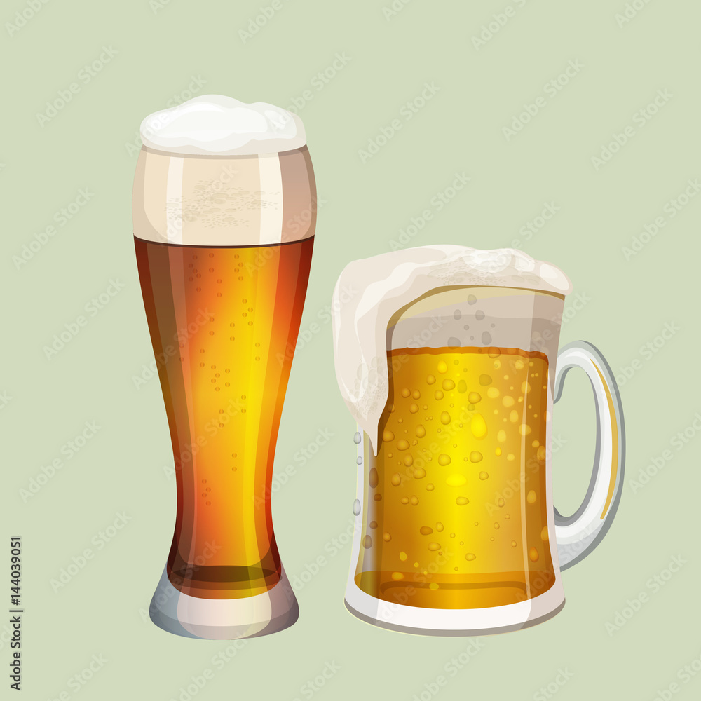 Two big glasses with frothy beer graphic icon on gray Two big glasses with frothy beer graphic icon on gray