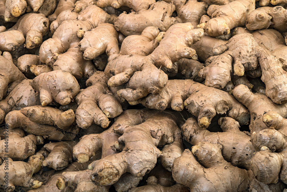 Ginger roots display in the fresh vegetable market Ginger roots display in the fresh vegetable market