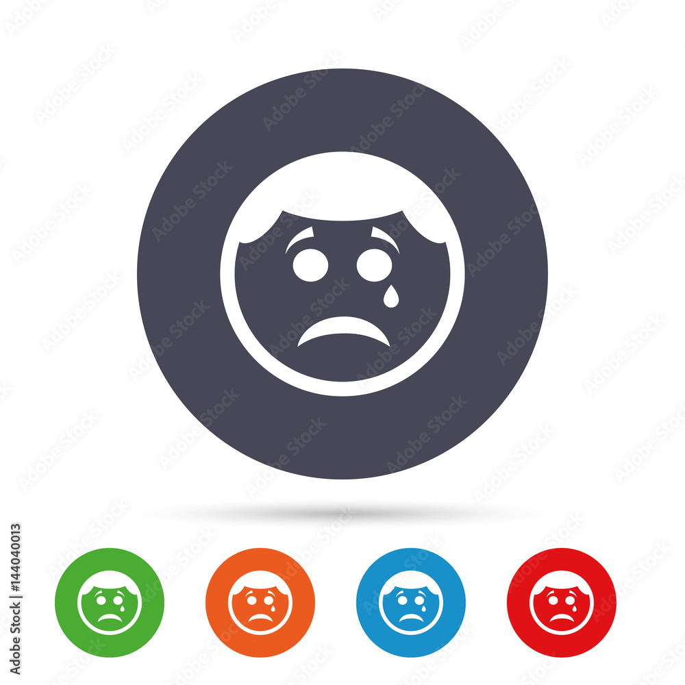 Sad face with tear sign icon. Crying symbol. Sad face with tear sign icon. Crying symbol.