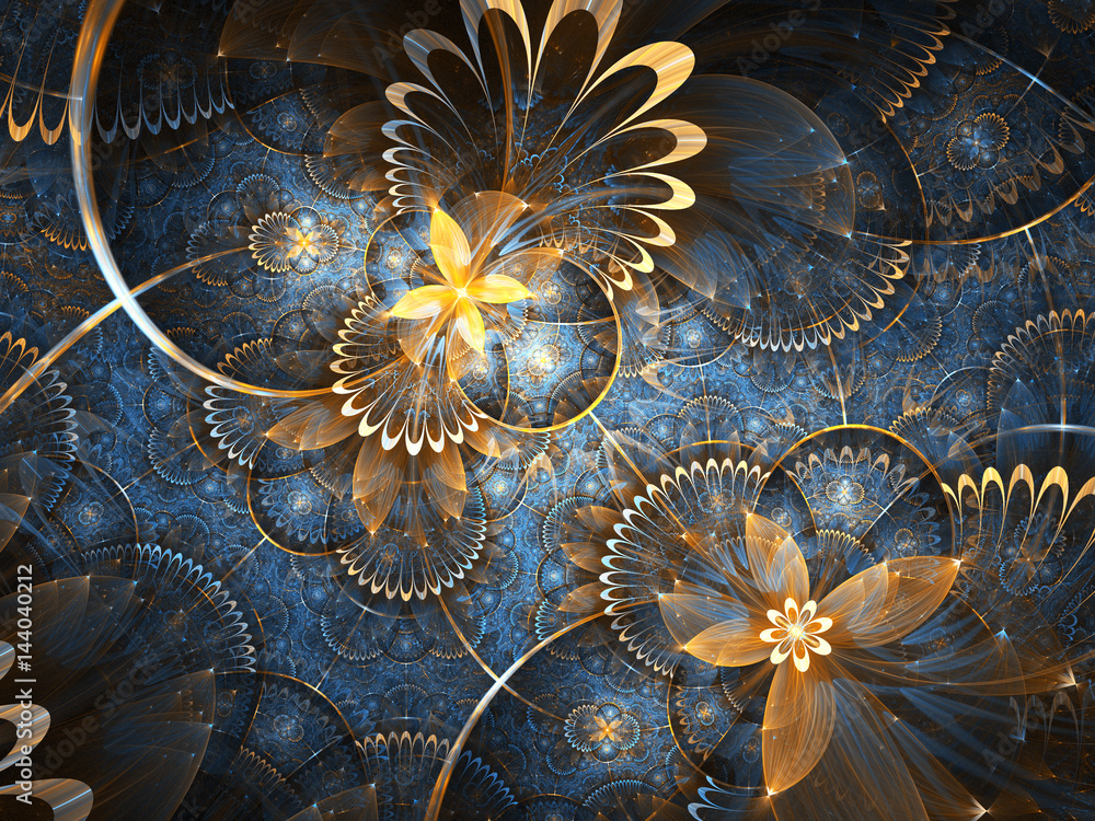 Obraz premium Gold and blue fractal floral pattern, digital artwork for creative graphic design