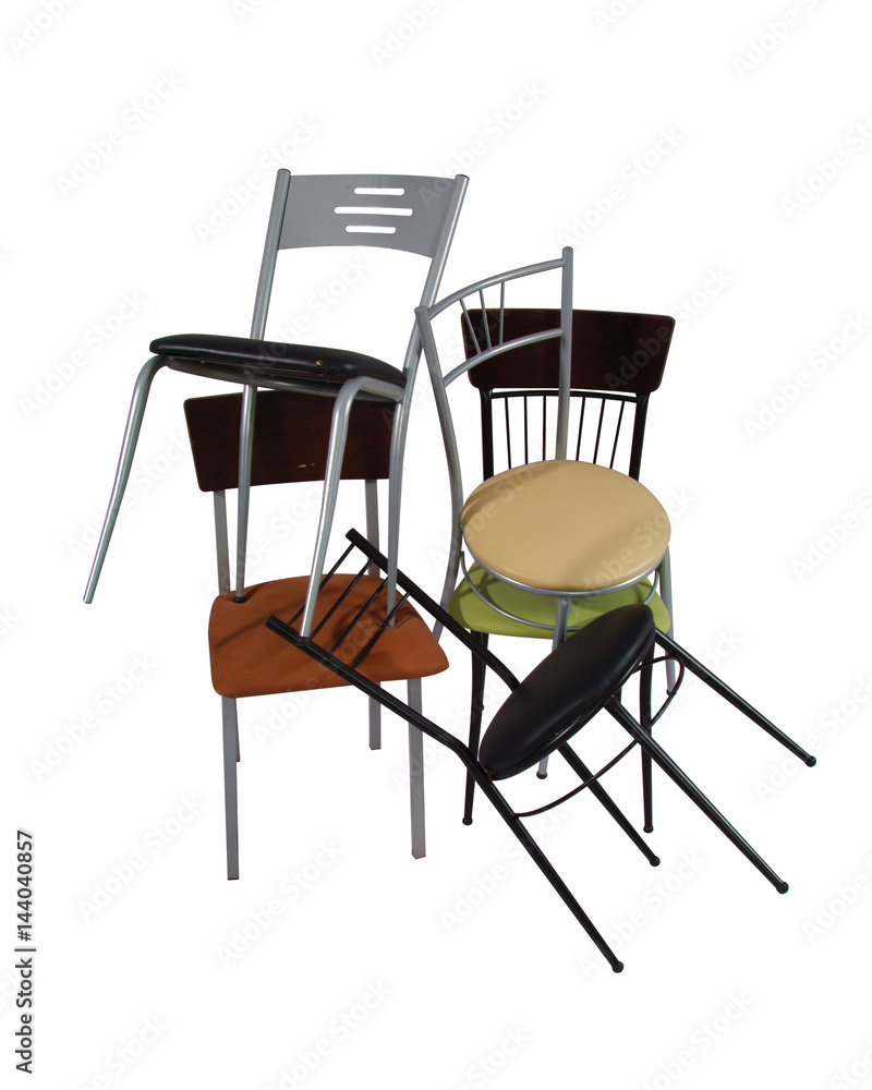 Pile of chairs isolated on white background with clipping mask.
Pile of chairs isolated on white background with clipping mask.
