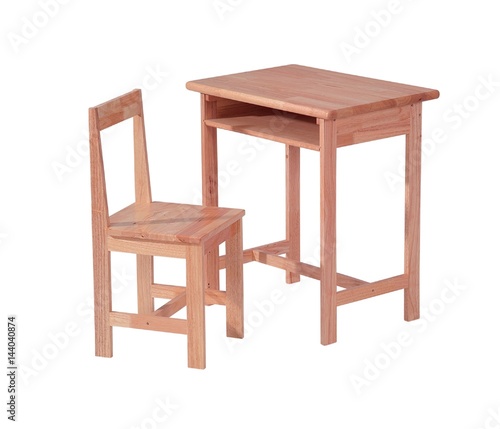 Wooden desk and chair isolated on white background with clipping mask.
