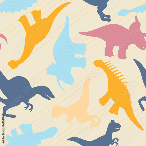 Children's seamless pattern with multi-colored silhouettes of dinosaurs and lines