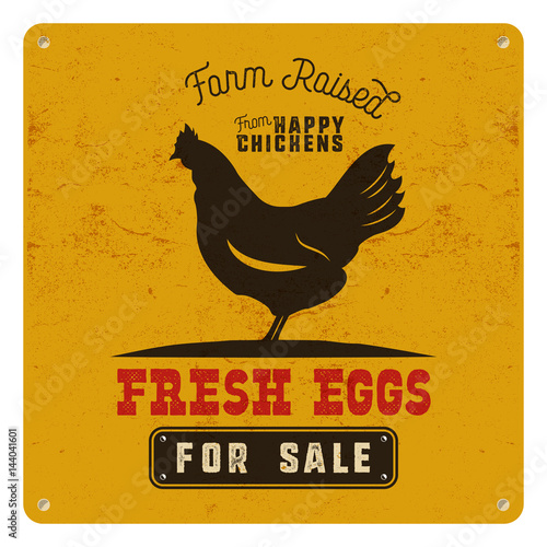 Farm fresh eggs poster, card on yellow vintage rusty metal background with chicken. Retro typography style. Vintage vector design