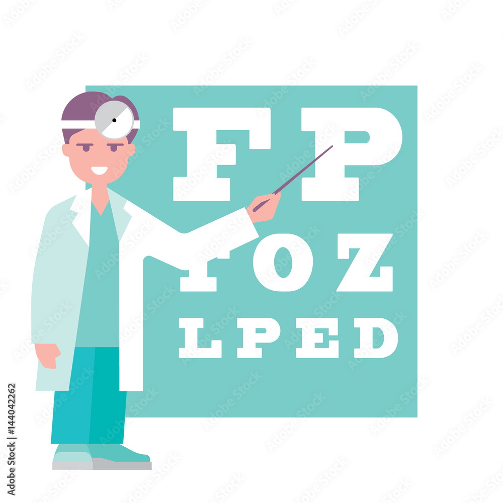 Doctor optometrist points to the table for testing visual acuity Doctor optometrist points to the table for testing visual acuity