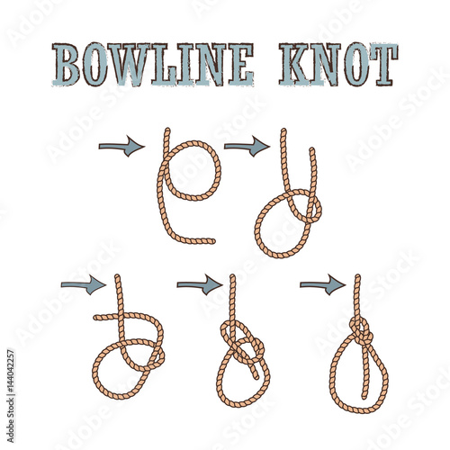 bowline knote manual. how to tie rope knot, vector illustration isolated on white background