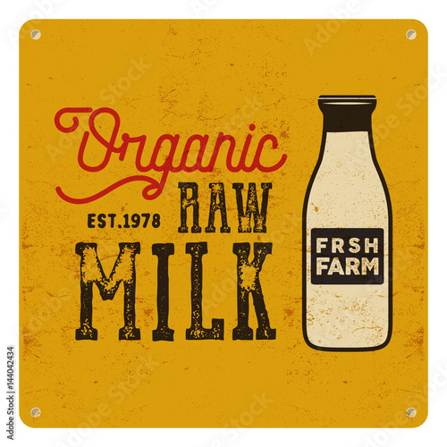 Vintage organic raw milk sign on yellow card, background. Retro classic design. Vector