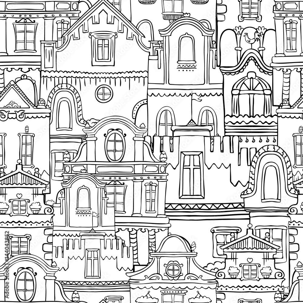 Pattern with hand drawn vintage doodle houses. Seamless drawing background in black and white. Perfect print for bag, notepad, colouring pages, cup, postcard,t-shirt or poster.eps8 vector illustration