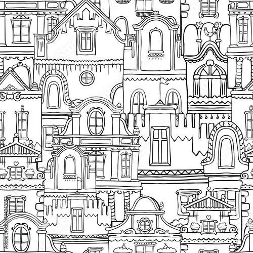 Wallpaper Mural Pattern with hand drawn vintage doodle houses. Seamless drawing background in black and white. Perfect print for bag, notepad, colouring pages, cup, postcard,t-shirt or poster.eps8 vector illustration Torontodigital.ca