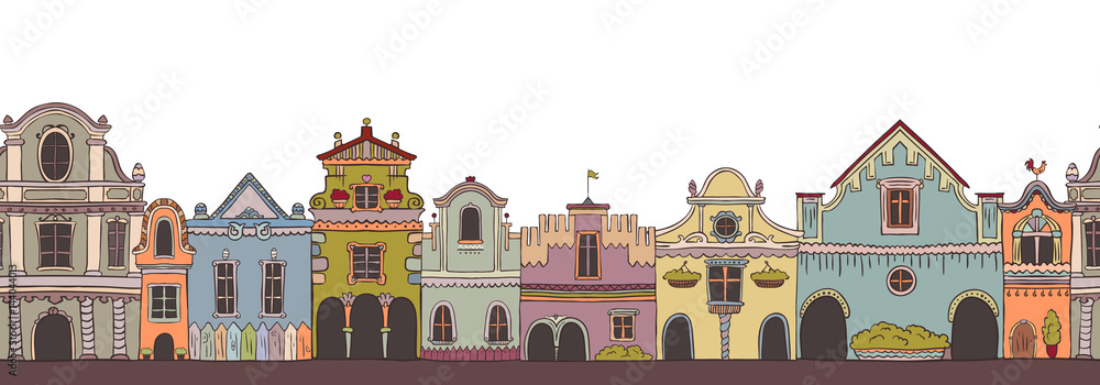 colorful vector seamless pattern with vintage doodle houses