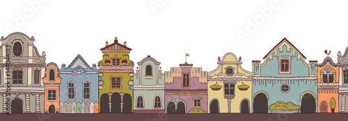 colorful vector seamless pattern with vintage doodle houses