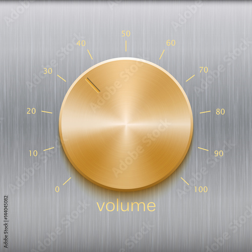 Sound control with golden brushed texture and number scale isolated on metal texture background