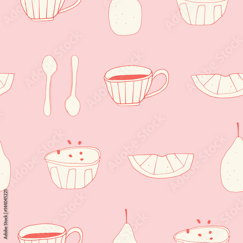 Doodle breakfast seamless pattern. Hand drawn vector kitchen background  made of coffee, cereals and fruits 